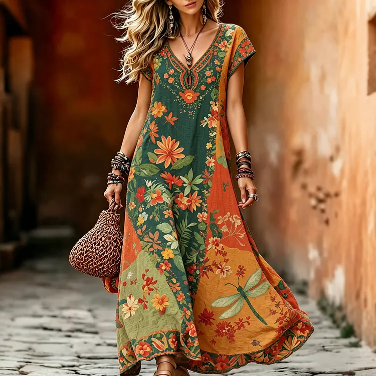 Women's Vintage Hippie Floral And Dragonfly In Patchwork Pattern Art Embroidered Linen Blend Maxi Dress