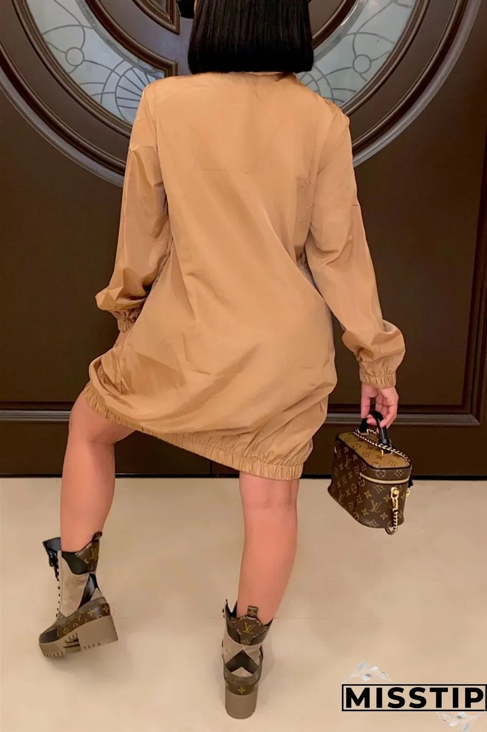 Orange Casual Solid Patchwork Pocket Zipper Collar Long Sleeve A Line Dresses