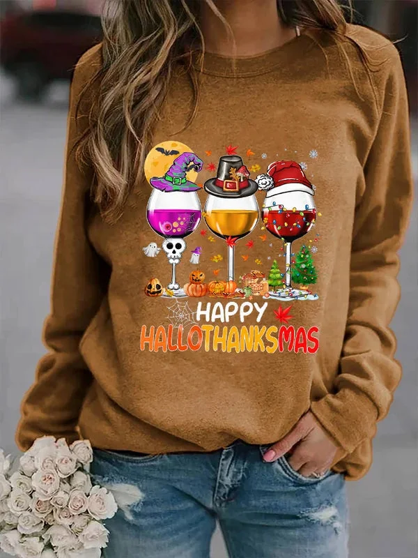 Happy Hallothanksmas Wine Print Sweatshirt socialshop