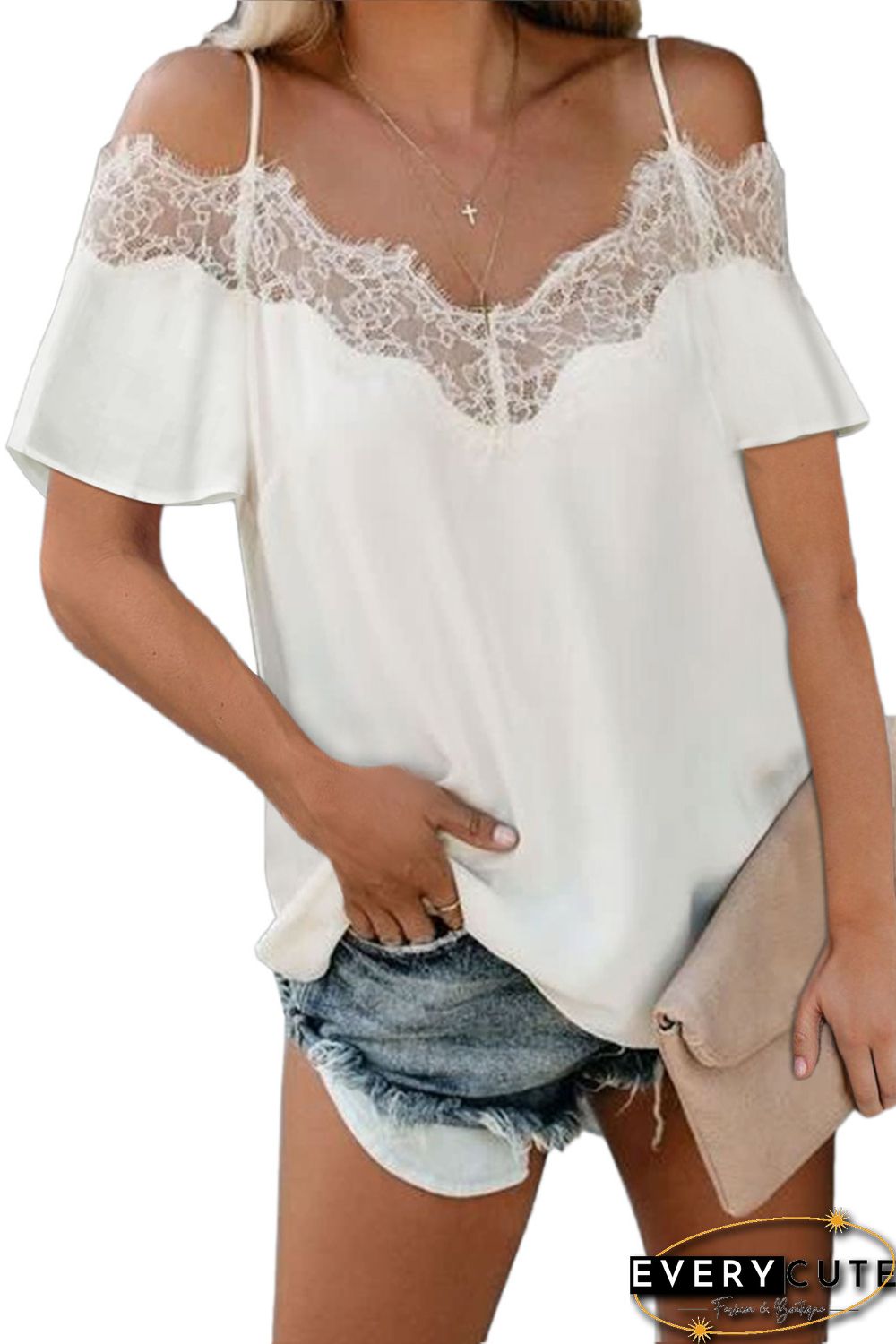White Lace V Neck Strappy Cold Shoulder Short Sleeves Top