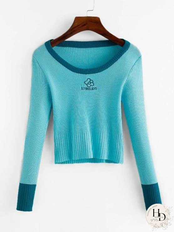 Crew Neck Embroidered Ribbed Knitwear for Women