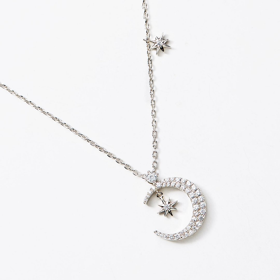 "Hold me Tight" Crescent Moon and Stars Silver Pendant Necklace