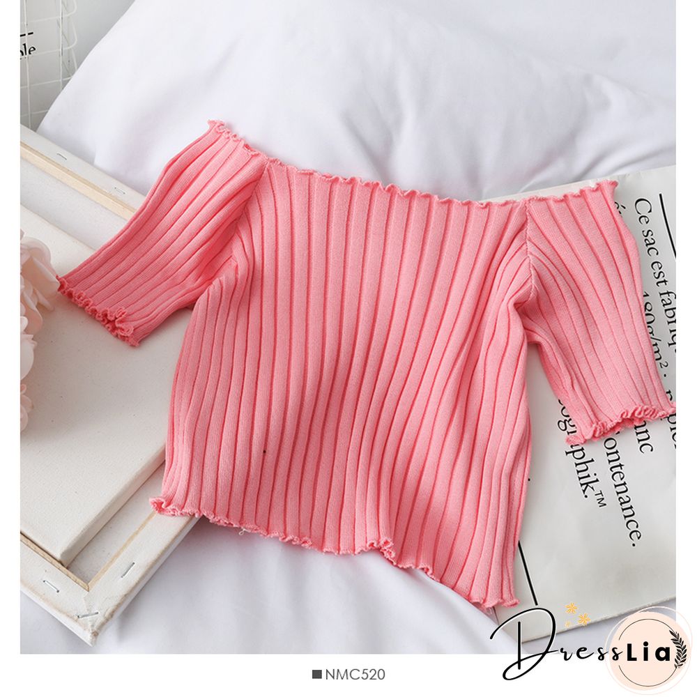 Heliar Women Tees Founce Hem T-Shirts Knitted Candy Crop Tops Short Sleeve T-Shirts For Women Tops Summer