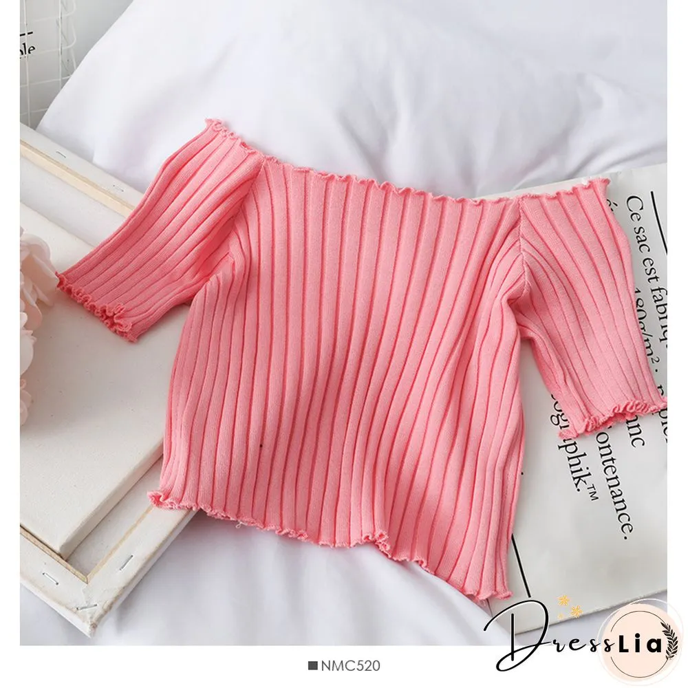 Heliar Women Tees Founce Hem T-Shirts Knitted Candy Crop Tops Short Sleeve T-Shirts For Women Tops Summer