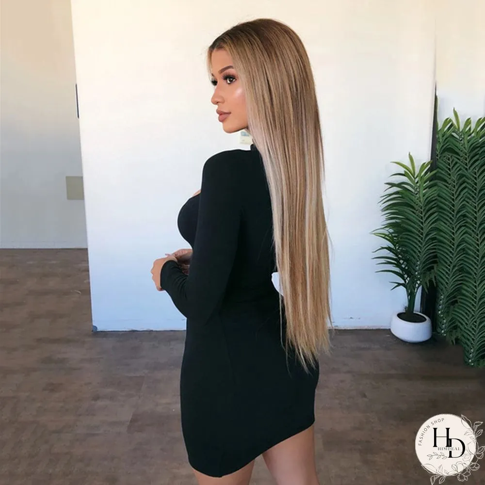 Women Fashion Long Sleeve Solid Color Hollow Out Slim Package Hip Bodycon Plus Size Casual Special Mini Dress
