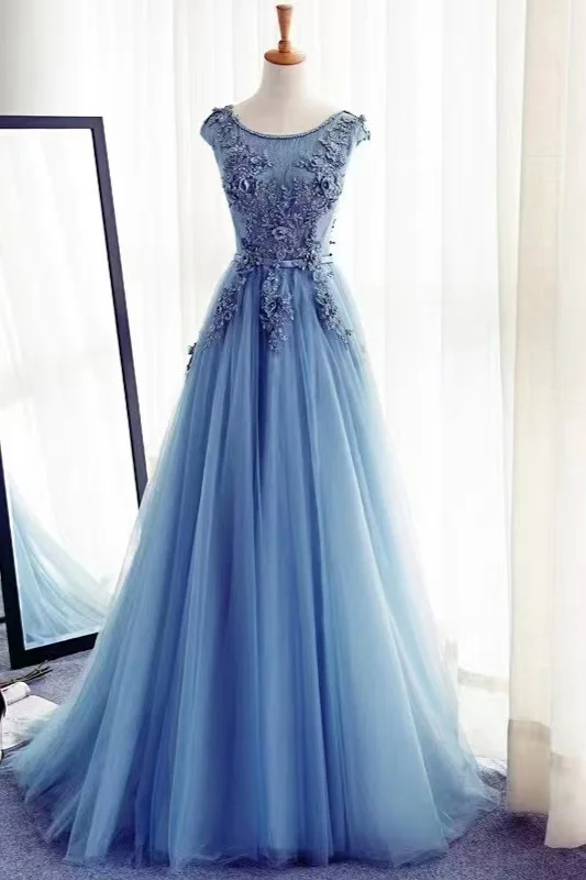 Gorgeous Jewel Sleeveless A-Line Tulle Prom Dress With Appliques ED0376