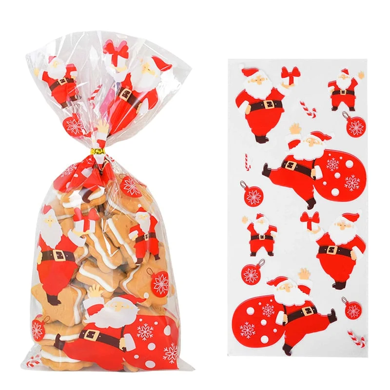 50pcs Santa Claus Christmas Tree Elk PVC Bags Transparent Clear Gift Bag for Christmas Gift Baking Candy Cookie Packaging Bags