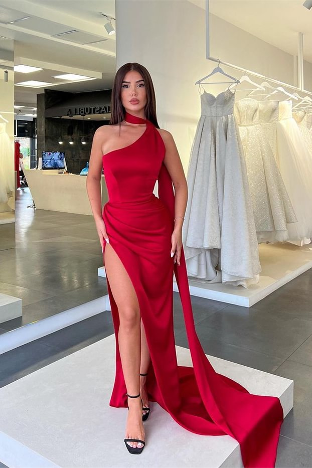 Red High Collar Mermaid Long Slit Prom Dress With Ruffles | Ballbellas Ballbellas