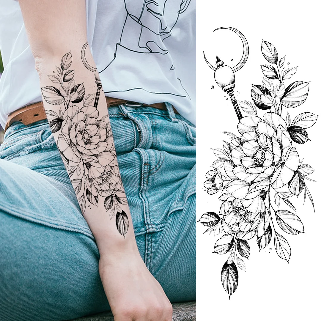 Sdrawing Peony Flower Moon Temporary Tattoos For Women Adult Rose Daisy Crown Fake Tattoo Fashion Washable Half Sleeve Tatoos