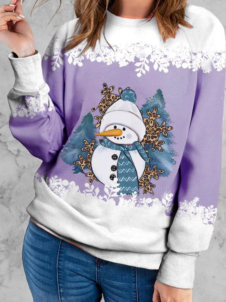 Women's Snowman Snowflake Elk Horn Christmas Tree Print Sweatshirt
