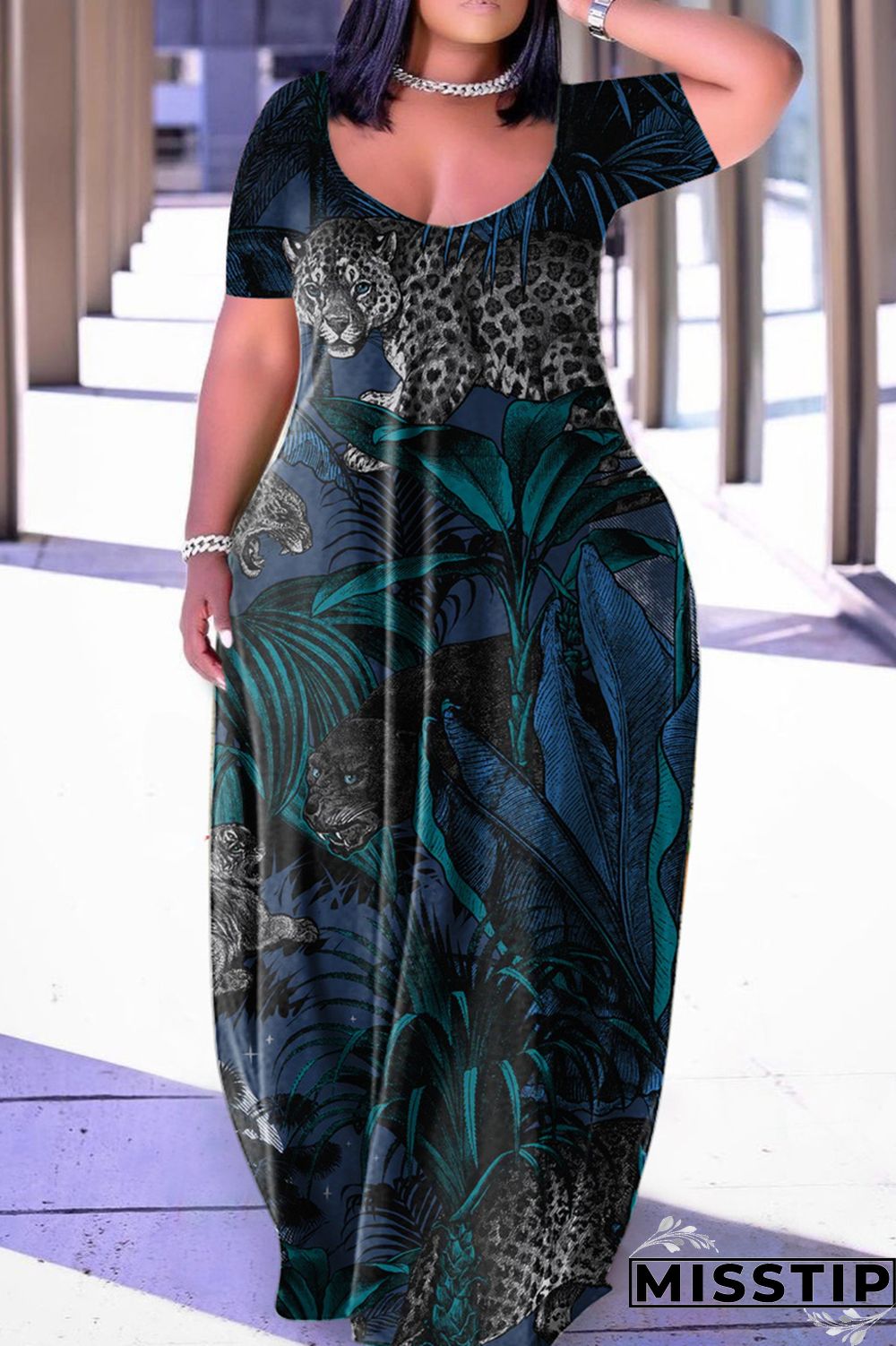 Dark Blue Casual Print Basic V Neck Short Sleeve Dress Dresses