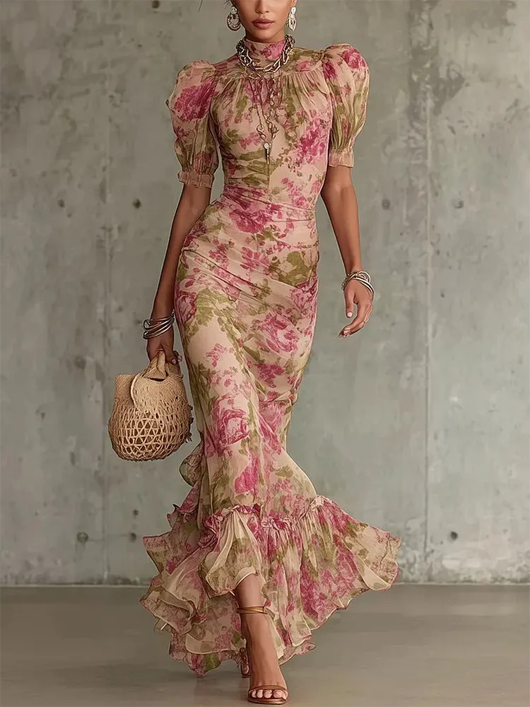 Elegant Vacation Party Floral Print Halterneck Stretch Maxi Dress