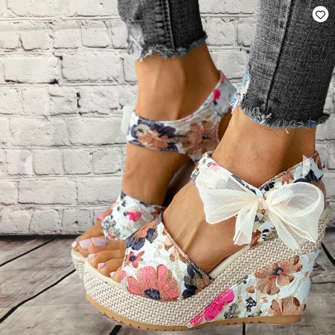 Women Sandals 2021 Summer New Sweet Flowers Buckle Open Toe Wedge Sandals Floral High-heeled Shoes Sandals Zapatillas Mujer