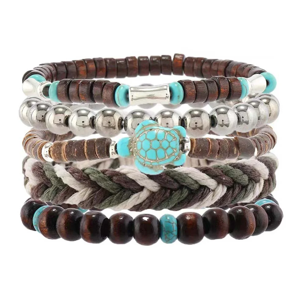 Men's Vintage Turquoise Turtle Multi-Layered Wood Bead Bracelet-inspireuse