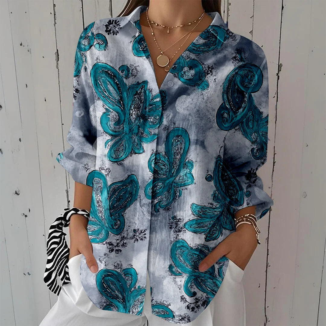 Style & Comfort for Mature Women Women Floral, Green DZCL0062 3/4 Sleeve Shirt Collar Printed Button Tops