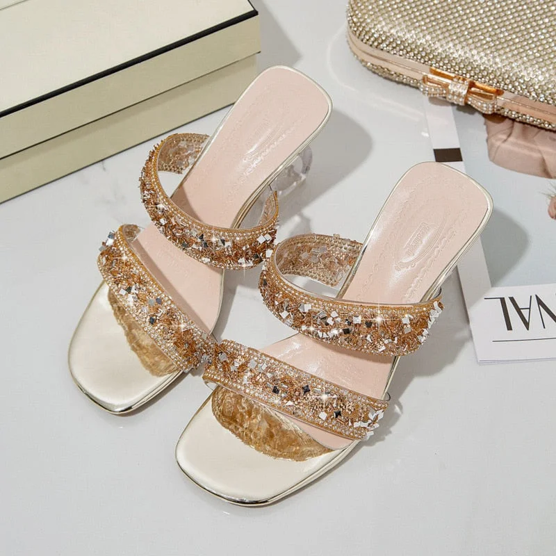 Comemore 2021 Shiny New Fashion Thin High Heels Sandals Open Toe Platform Clog Party Sandals Woman Rhinestone Silver Slippers 34