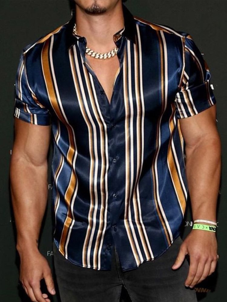 Fashion Silk Fabric Striped Slim Fit Shirt、、URBENIE