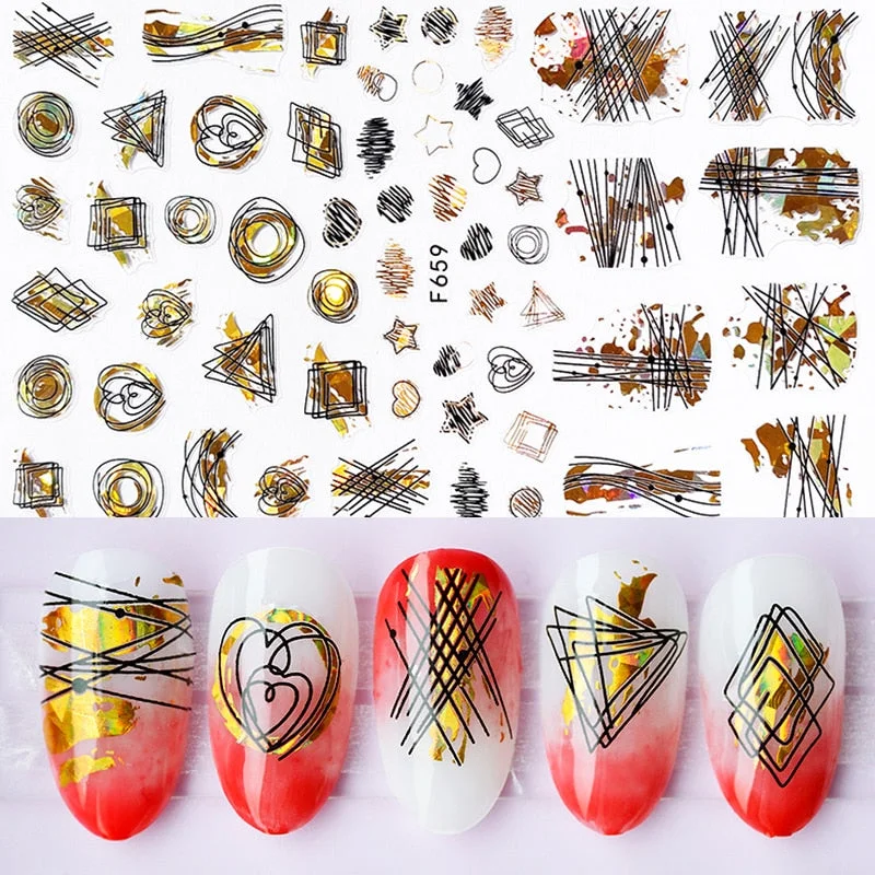1pcs Black Gold Sping Leaves 3D Nail Sticker Coconut Tree Leaf Pattern Adhesive Transfer Decals Shiny DIY Nail Decoration