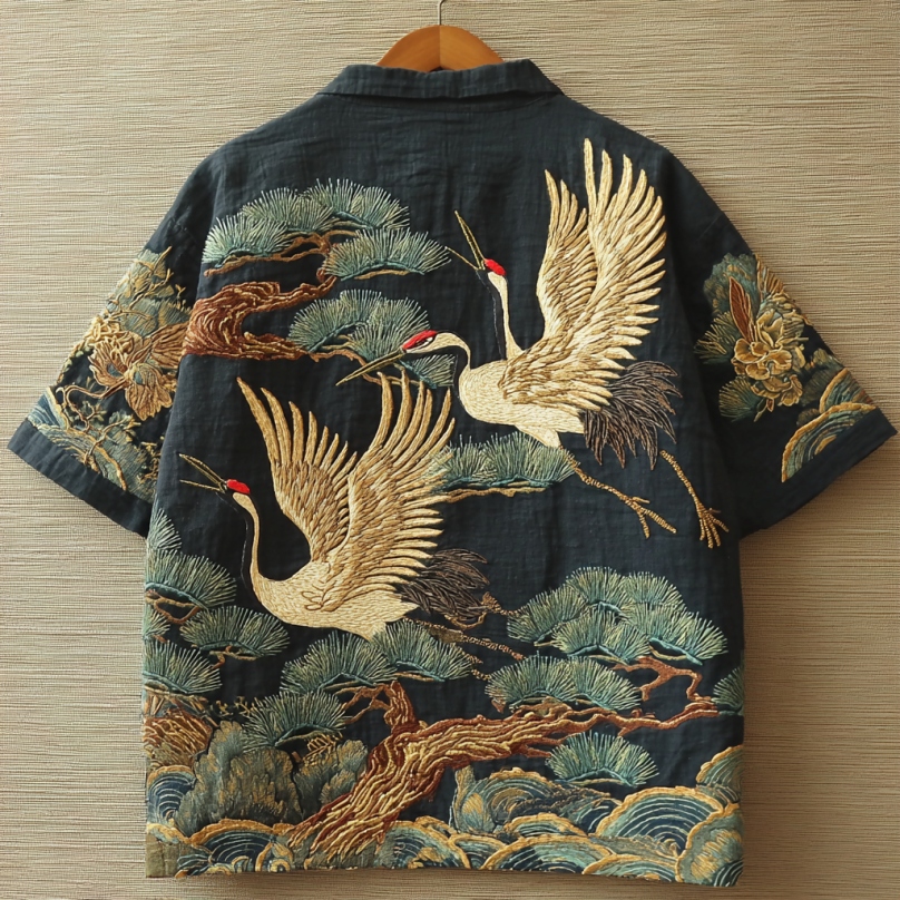 Japanese Pine And Crane Embroidered Linen Shirt  artssus