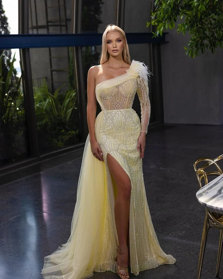 Yellow One Shoulder Prom Dress Long Sleeveless Beads High Slit