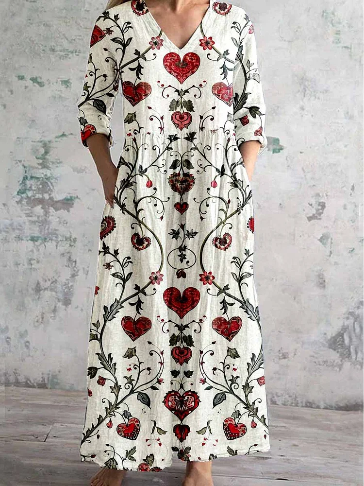 Women's V-Neck Love Floral Print Pattern Cotton And Linen Dress