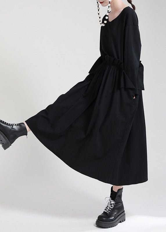 Chic Black O-Neck Patchwork Pockets Fall Dress Long sleeve CK862- Fabulory