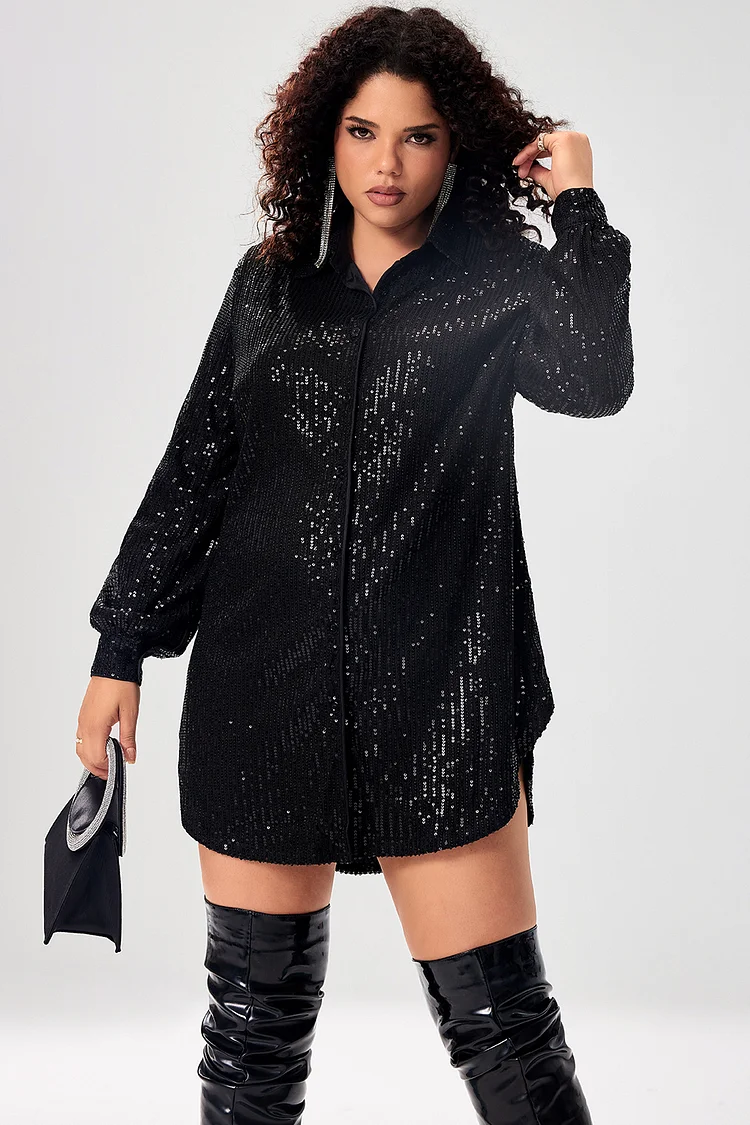 Xpluswear Design Plus Size Casual Dress Black Sequin V Neck Collar Long Sleeve Shirts Mini Dress