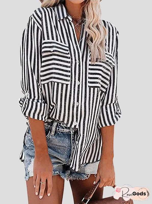 Women's Blouses Striped Single-Breasted Long Sleeve Blouse