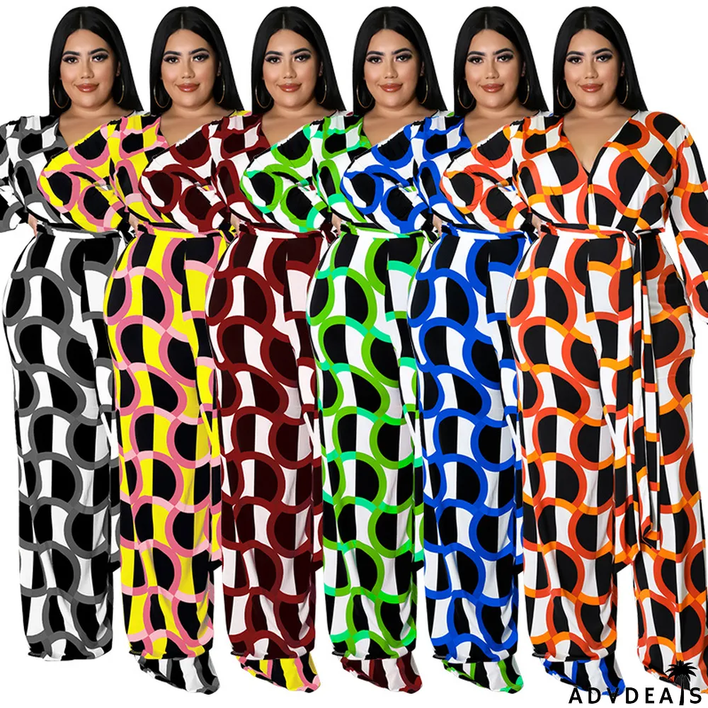 New Fashion Plus Size Women's Fall Long Sleeve Print Casual Wide Leg Jumpsuit
