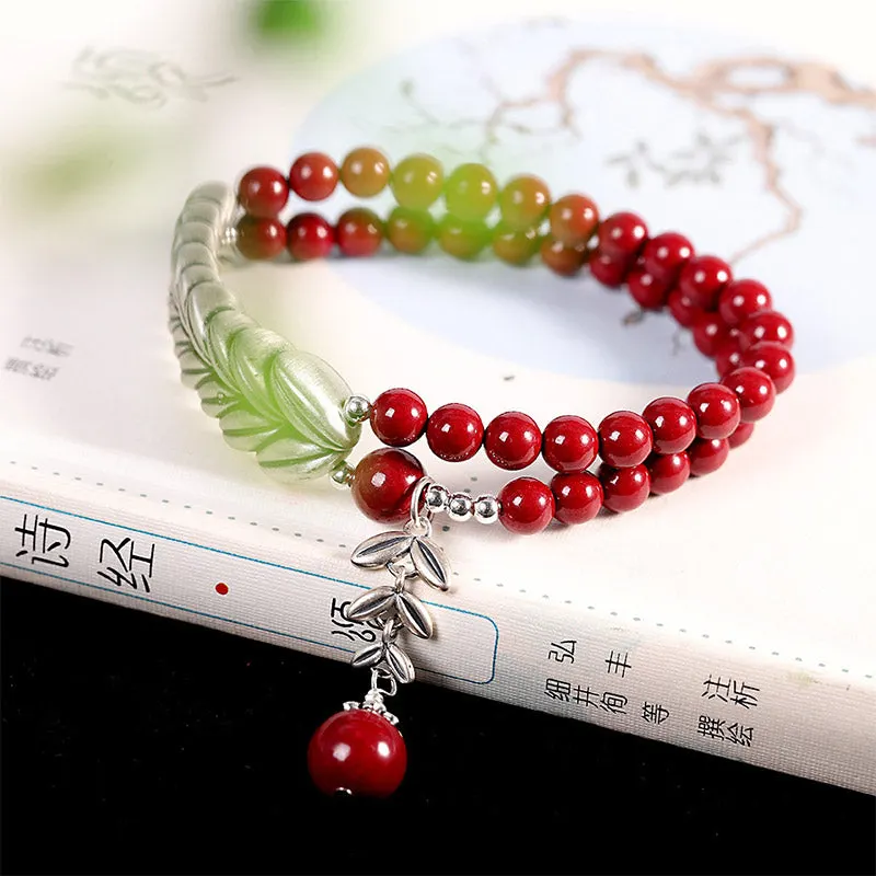 Silver Cinnabar Wheat Pattern Blessing Bracelet