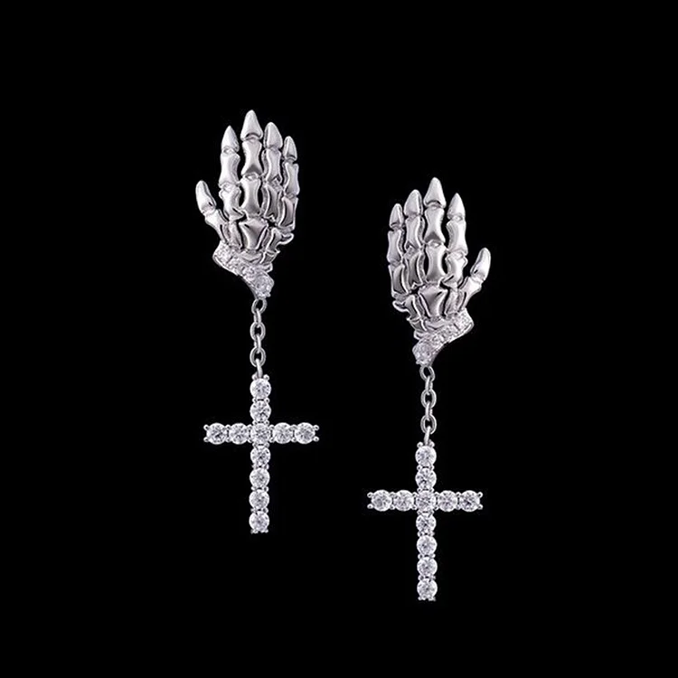 Halloween Skull Hand Cross Rhinestone Earrings-Silver