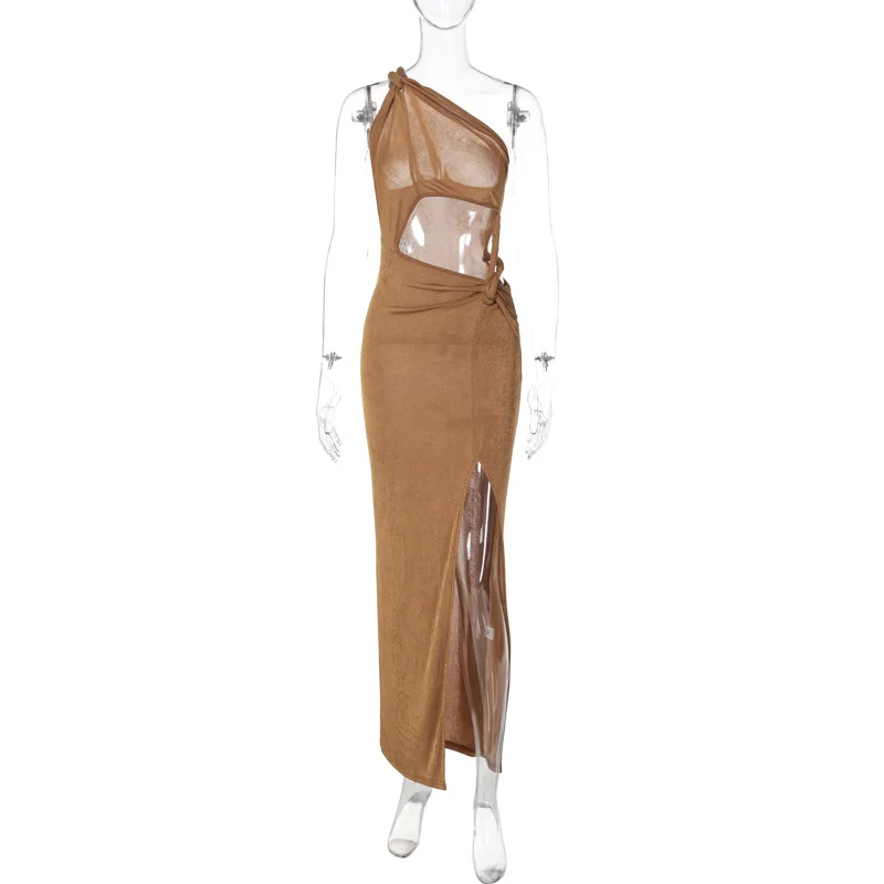 One Shoulder Solid Sleeveless Backless Hollow Out Slit  Slim Maxi Dress Autumn Elegant Evening Birthday Party
