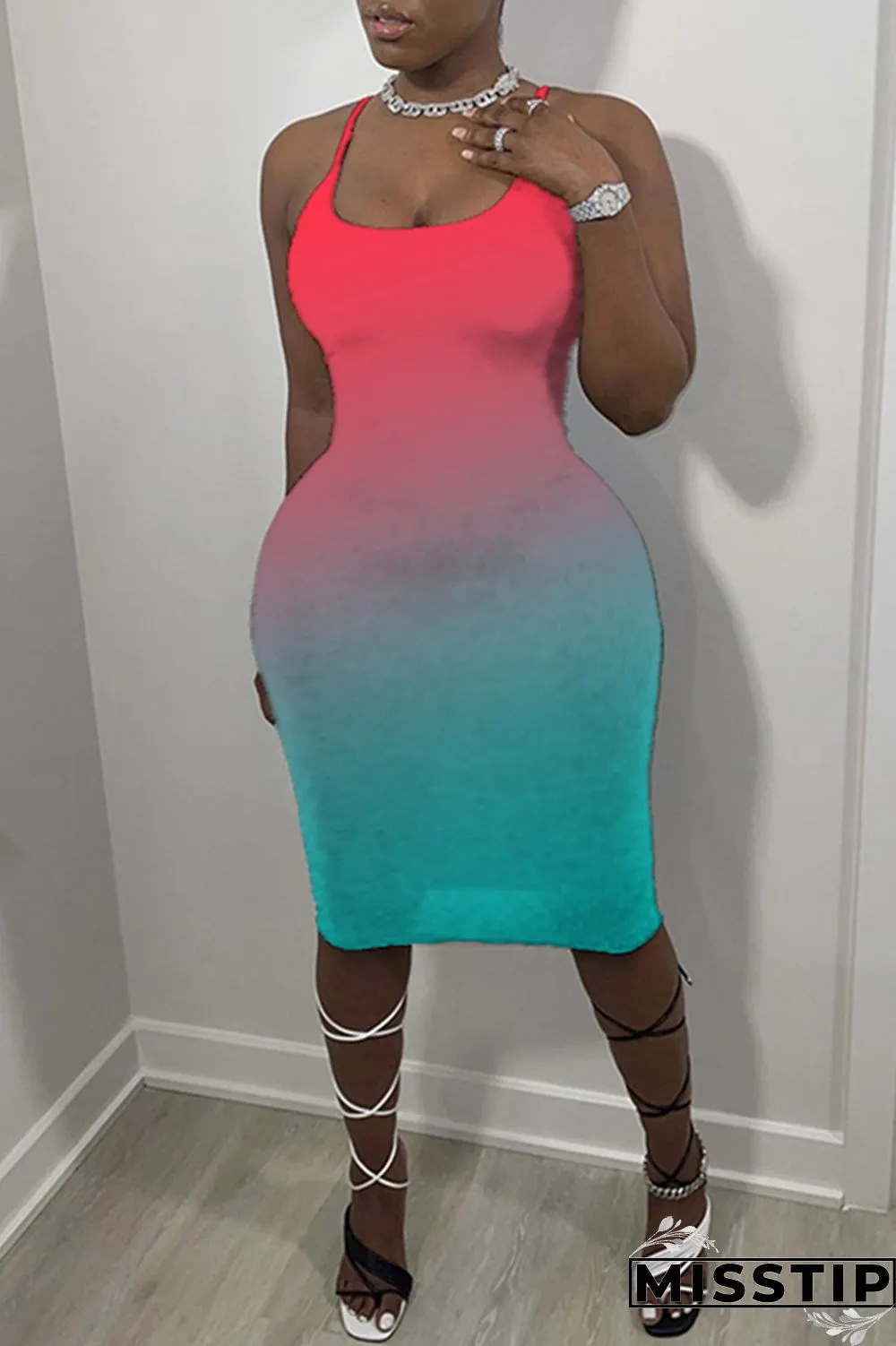 Pink Sexy Casual Gradual Change Print Backless Spaghetti Strap Sleeveless Dress