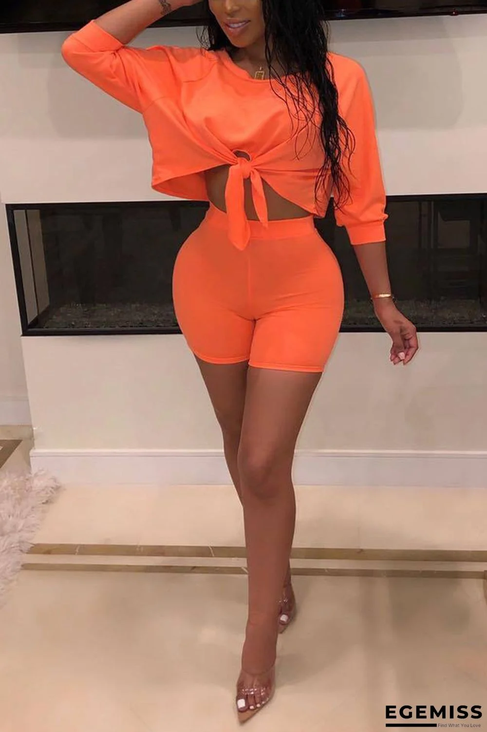 Orange Fashion Casual Bow With Umbilical Two-piece | EGEMISS