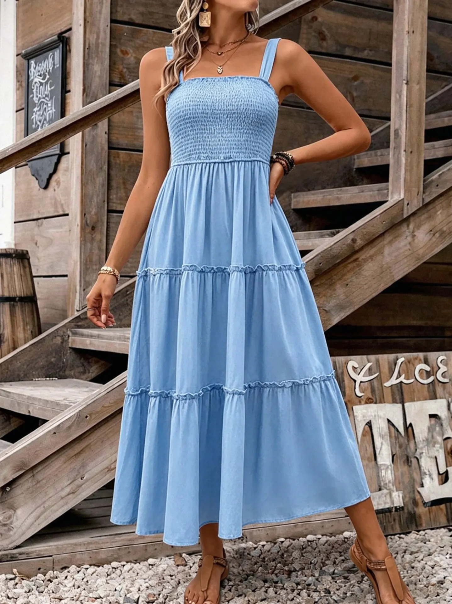 Women Square Neck Sleeveless Ruffle A-Line Dress