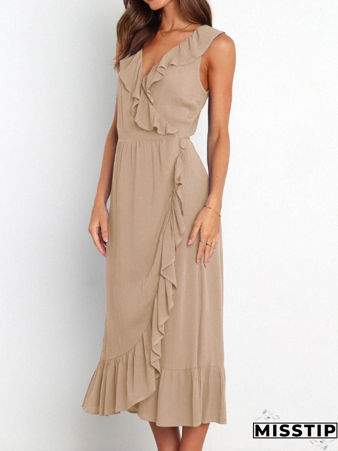 Ruffled Surplice Sleeveless Midi Dress