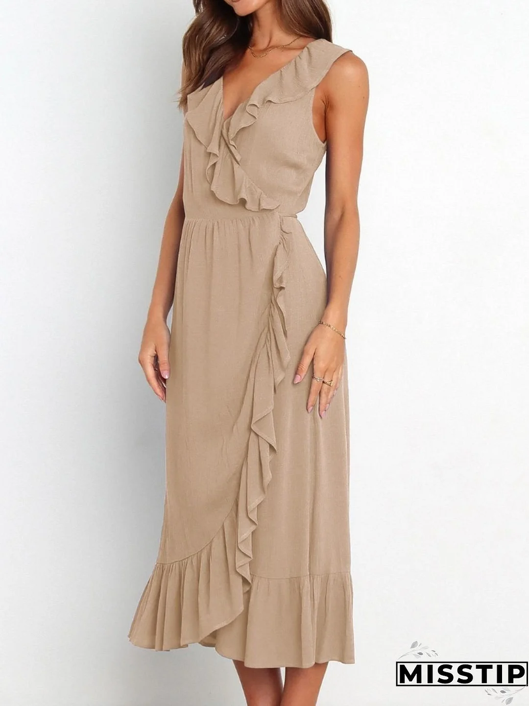 Ruffled Surplice Sleeveless Midi Dress