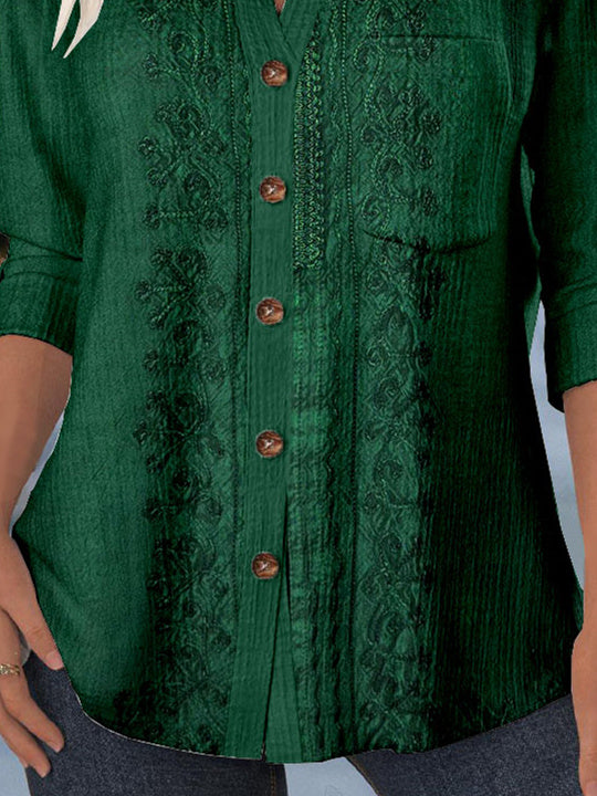 Women 3/4 Sleeve Shirt Collar Floral Printed Graphic Lace Button Pockets Tops