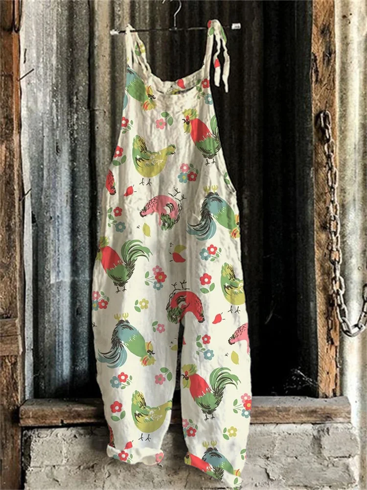 Colorful Chicken Floral Linen Blend Jumpsuit