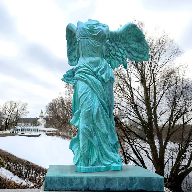 Winged Nike Victory of Samothrace Goddess Angel Sculpture with Patina Green Finish