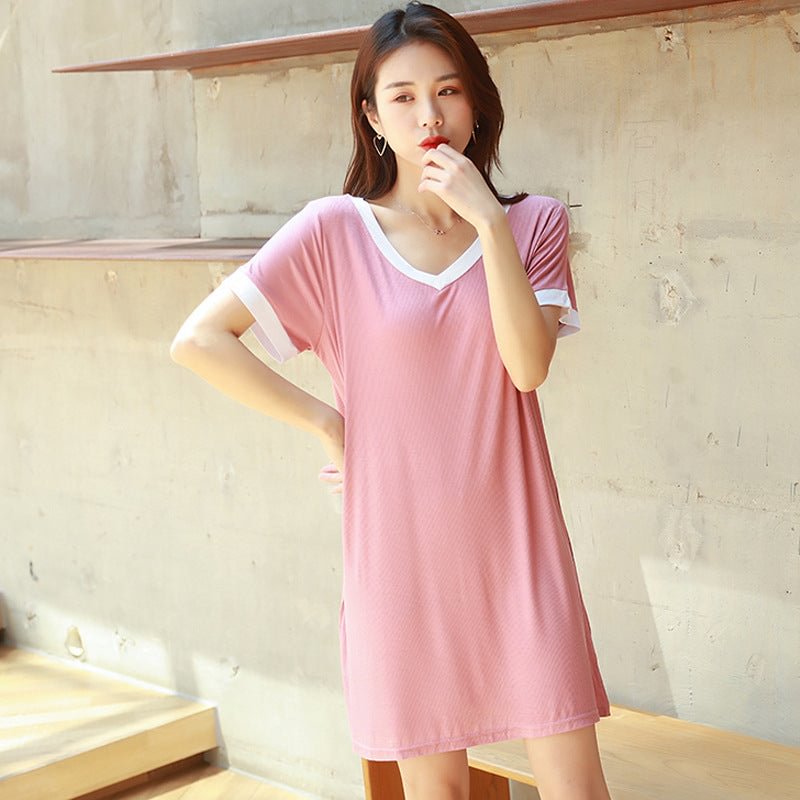 Women's Short-sleeved Dress Summer Fat Plus Size Clothes Korean Contrast Color Midi