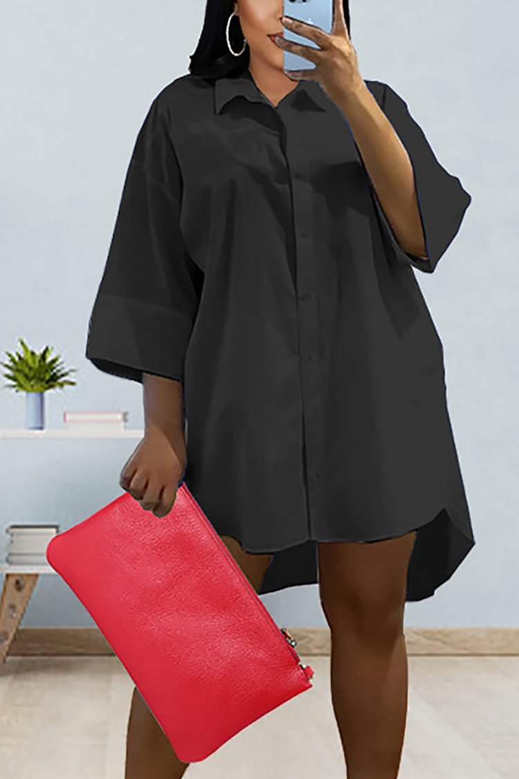 Plus Size Daily Black Turndown Collar Button Long Sleeves Blouse Loose Mini Dress