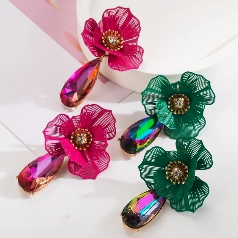 1 Pair Casual Vacation Classic Style Water Droplets Flower Inlay Alloy Rhinestones Glass Silver Plated Drop Earrings