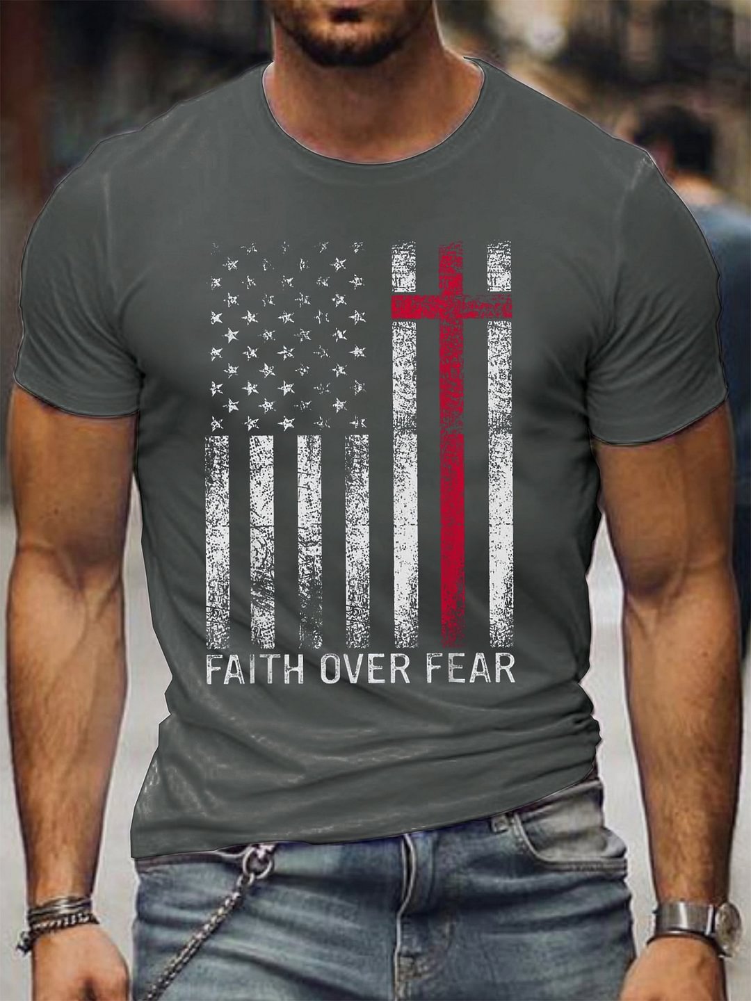 Flag&Cross Pattern Casual Short-Sleeved Men’s T-shirts-VESSFUL