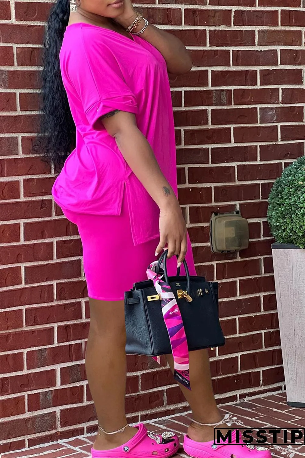 Rose Red Fashion Casual Solid Slit V Neck Short Sleeve Two Pieces