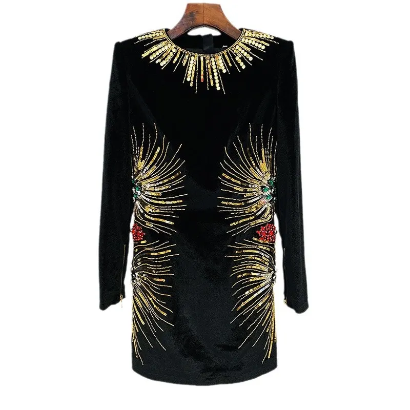 Nigikala Nigikala Autumn And Winter Star Fashion New Heavy Industry Nail Polish Lily Gold Velvet Long-Sleeved Dress