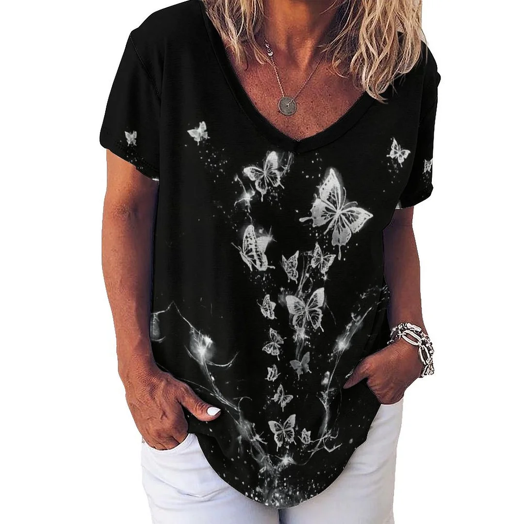 V-neck Short Sleeve Casual T-shirt for  Women Printed with Pattern Butterfly, Black, Silver