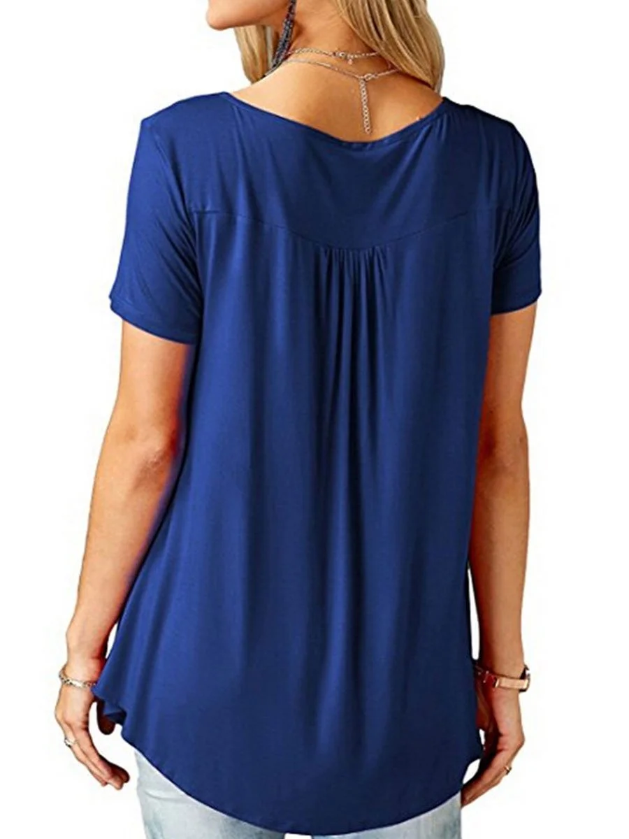 V-Neck  Asymmetric Hem Button Short Sleeve T-Shirts