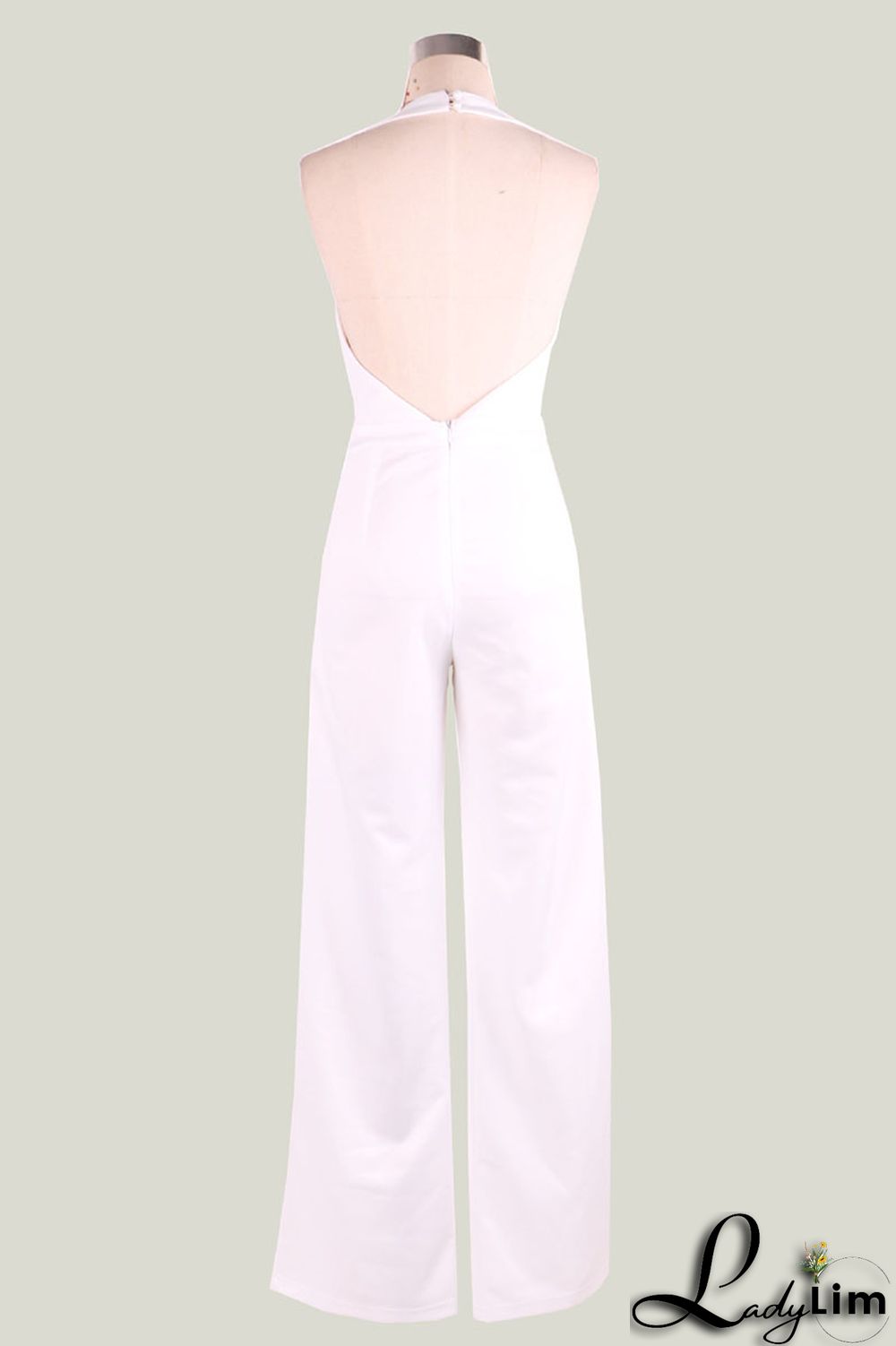 Black Simplicity Solid Split Joint Backless Halter Straight Jumpsuits