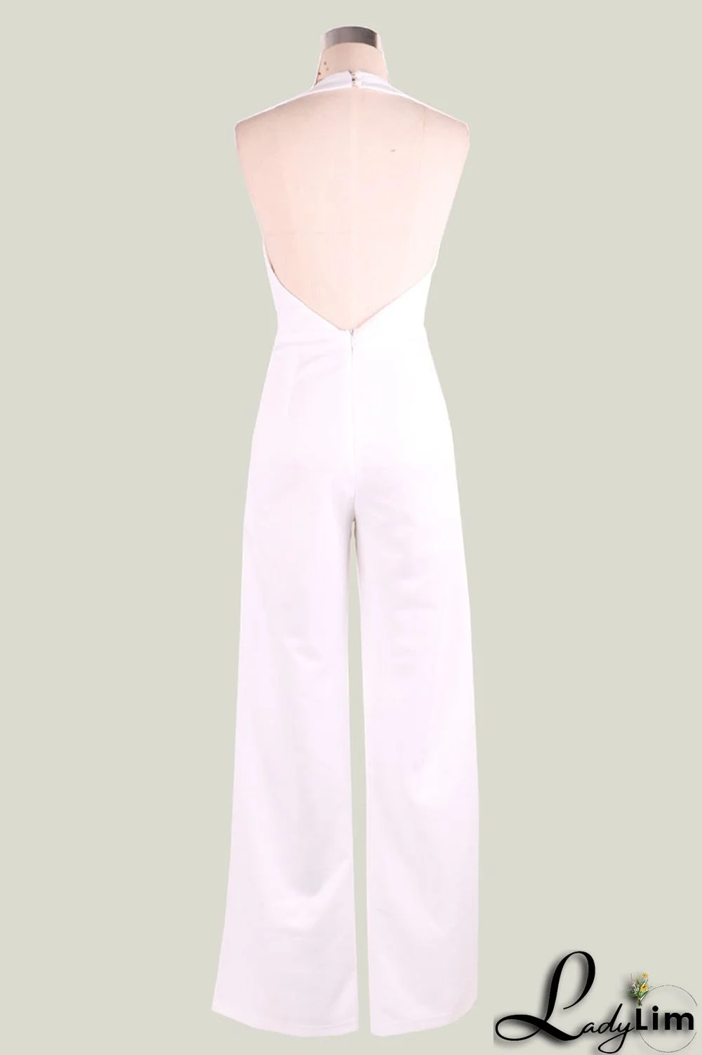 Black Simplicity Solid Split Joint Backless Halter Straight Jumpsuits